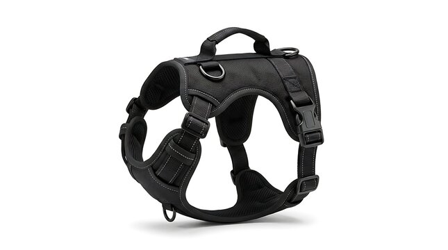 Black tactical dog harness with handle and metal leash attachment rings, isolated on white background