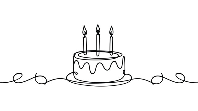Simple line drawing of a birthday cake with three lit candles
