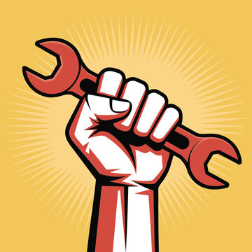 A clenched fist powerfully grips a red wrench against a yellow background