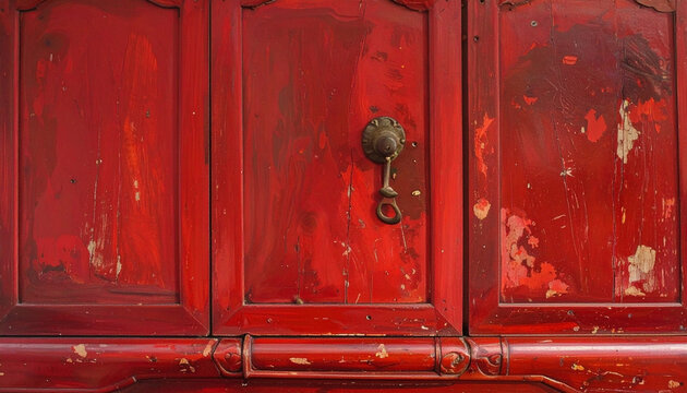 Close up of weathered red cabinet with decorative brass handle