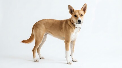 Obraz premium A mediumsized tan and white dog standing in profile, looking at the camera, isolated on white background