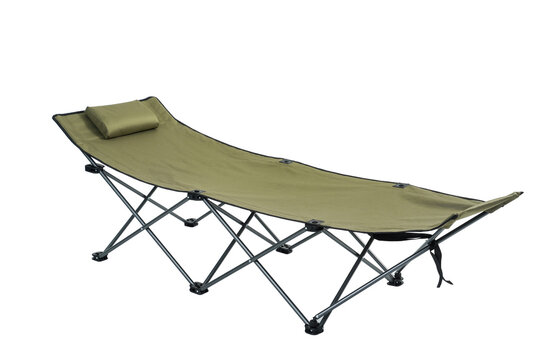 Olive green folding campaign cot with pillow displayed on white background