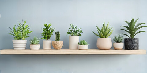 Fototapeta premium Variety of Indoor Plants in Pots on Shelf with Minimal Modern Design
