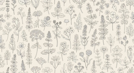 Seamless pattern with hand drawn wild flowers and herbs botanical illustration of meadow plants, floral background for textile, wallpaper, wrapping paper, fabric, stationery, and packaging design © Hikari Vector Studio