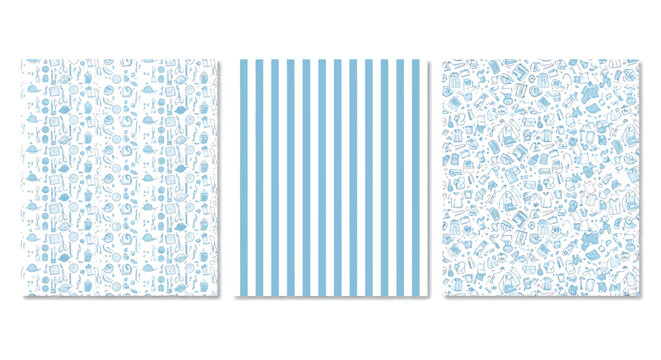 Set of three seamless patterns with blue handdrawn illustrations of sewing tools, accessories, and clothing items