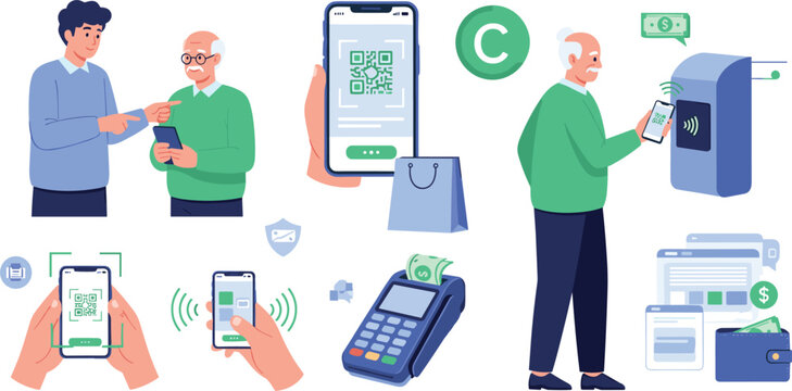 Contactless payment set with QR code mobile wallet NFC terminal and digital transactions secure cashless technology cartoon vector illustration collection