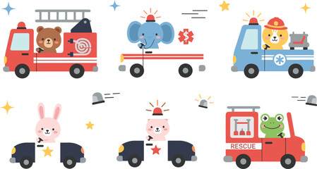 Cute animal rescue vehicles set with fire truck police car ambulance and cartoon animals emergency service vector illustration collection © MdNazmul