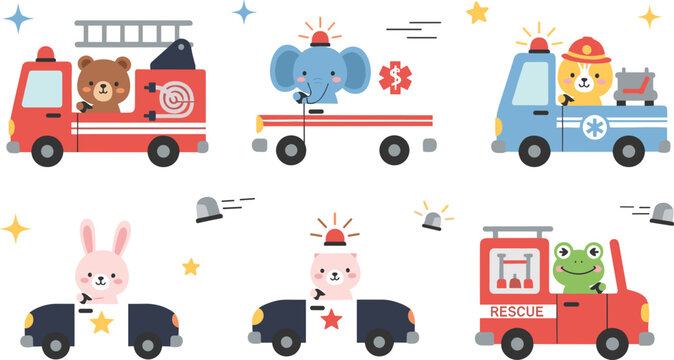 Cute animal rescue vehicles set with fire truck police car ambulance and cartoon animals emergency service vector illustration collection