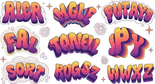 Colorful funky alphabet bubble letters set with retro gradient typography playful 3d text style cartoon vector illustration collection