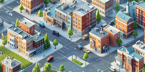 Fototapeta premium Isometric City Intersection with Traffic and Modern Urban Buildings