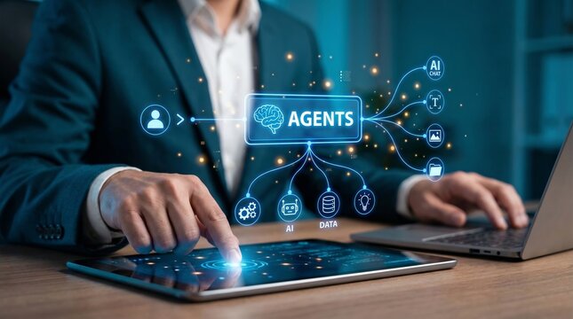 Businessman at desk using tablet to control artificial intelligence agents network and automated digital workflows