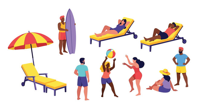 Set of people relaxing on the beach, summer vacation activities, sunbathing on lounge chairs, playing with a beach ball, and holding a surfboard, flat vector illustration