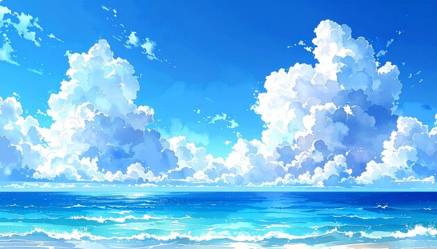 晴天 入道雲 海 夏 水彩画 青空 風景