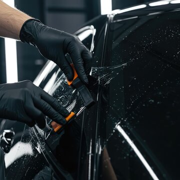 Detailed close-up showing the installation of dark privacy film onto an automobile glass surface using professional tools and smooth application ,shade ,service ,cooling