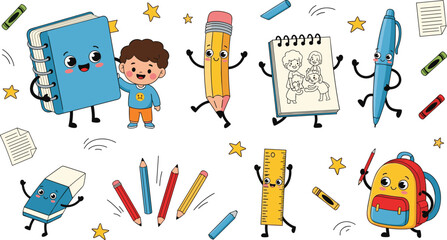 Cute school supplies characters set with notebook pencil pen ruler and backpack kawaii education cartoon vector illustration collection © MdNazmul