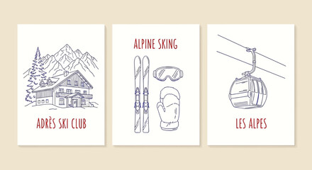 Set of three posters with handdrawn ski resort elements a mountain chalet, skiing equipment, and a cable car lift © Hikari Vector Studio