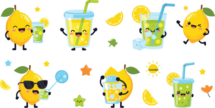 Cute lemon and lemonade characters set with funny expressions summer drink cartoon kawaii fruit vector illustration collection