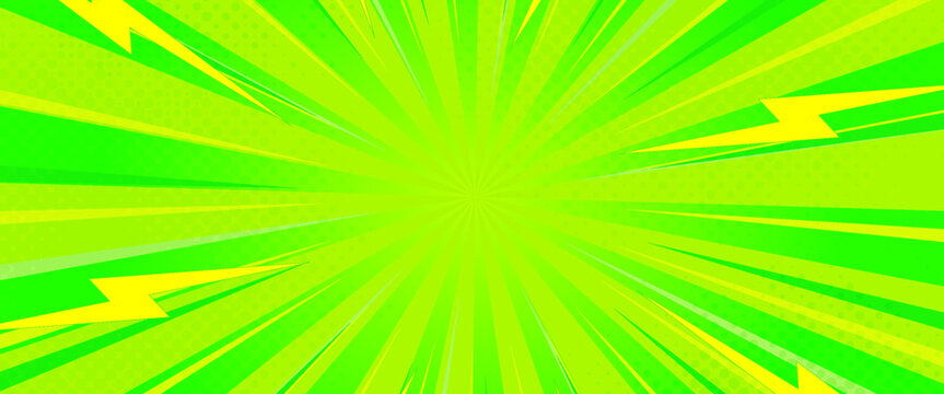 Vibrant Pop-Art Comic Style Flash Sale Banner on Green Sunburst Background with Yellow Lightning Bolts for Promotional Advertising