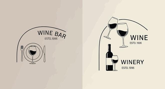 Set of wine bar and winery logo templates with wine glasses, bottle, plate, fork and knife, minimalist line art style, vector illustration