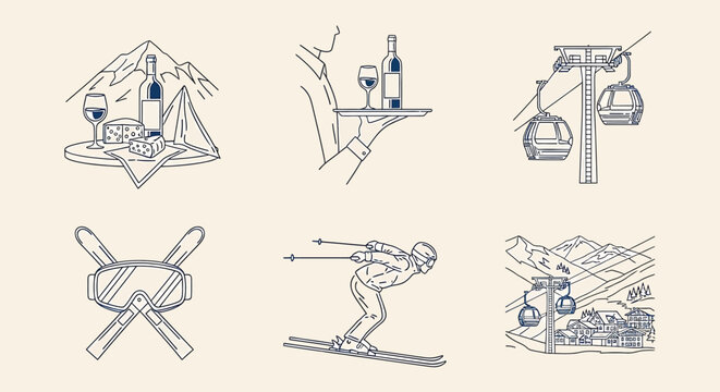 Set of winter vacation icons, ski resort activities, winter sports, wine and cheese, ski lift and skier, line art vector illustration