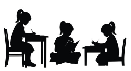 Silhouettes of schoolgirls studying, writing and reading