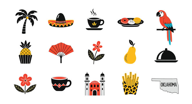 Set of handdrawn icons featuring tropical elements, food, drinks, architecture, and oklahoma state map, vector illustration