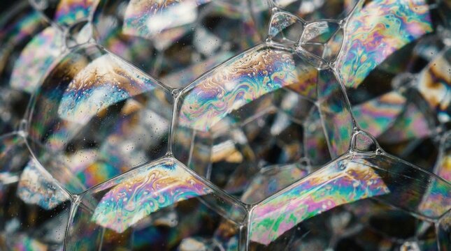 A captivating macro shot reveals the delicate, iridescent beauty of interconnected soap bubbles, forming a mesmerizing abstract pattern of shimmering hexagons with vibrant color reflections