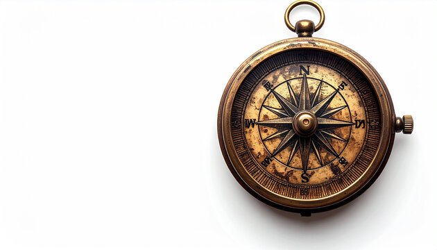 Vintage brass compass with detailed dial and side knob on white