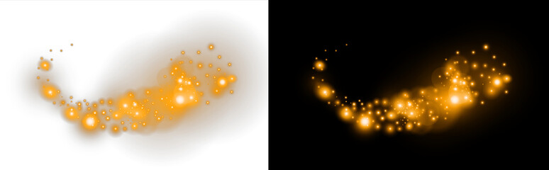 Golden sparkling stardust trails on transparent background. Magical glowing particle waves with bokeh light effects. Neon flare wave © 8 Bit Studio
