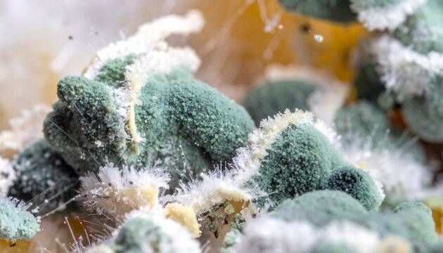 Close up of mold spores green and white texture on food surface
