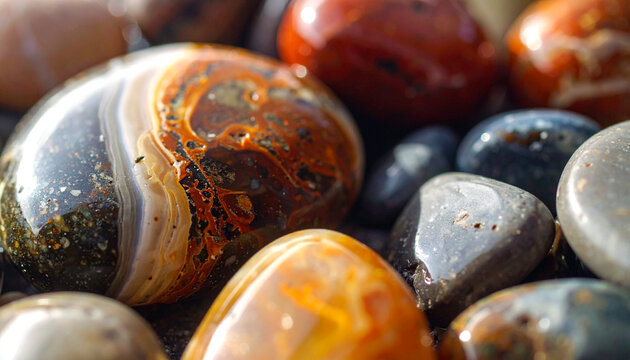 Close up of polished rocks displaying various colors and textures