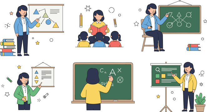 Teacher classroom activities set with students learning math science presentation and blackboard education concept cartoon vector illustration collection