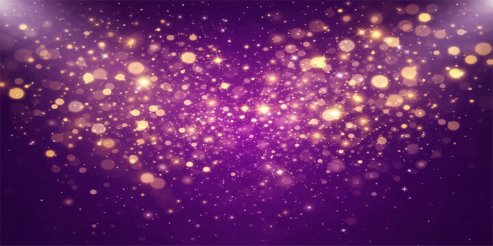 Abstract an artistic representation of a captivating galaxy of glistening golden bokeh against a regal deep purple backdrop, creating a mesmerizing visual experience.