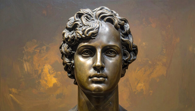 Bronze sculpture of a classical male bust against a blurred background