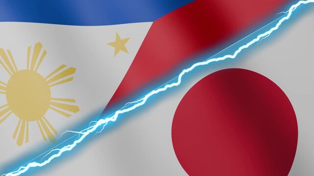 Two waving flags Philippines and Japan with diagonal lightning seamless, 4k loop