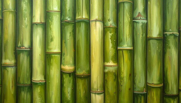 Close up of green bamboo stalks arranged vertically for background texture