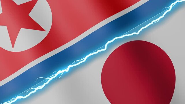Two waving flags North Korea and Japan with diagonal lightning seamless, 4k loop