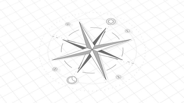 Wind rose compass animation with clean monochrome design on a minimal background. Rotating navigation symbol with cardinal directions and geographic orientation. Ideal for travel and exploration.