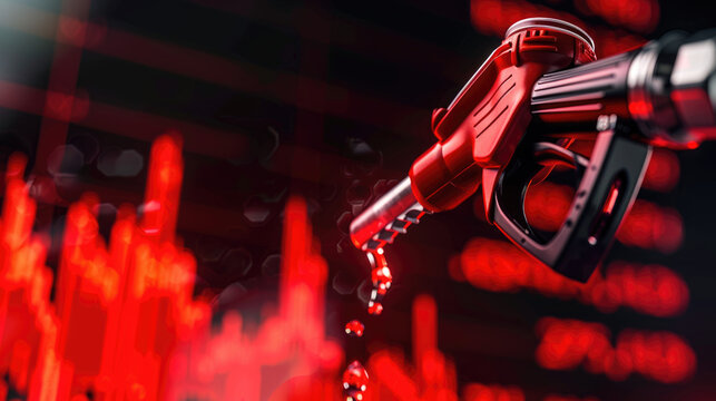 gasoline fuel nozzle with graph chart of the energy business market on a global industrial shortage crisis periods.  	