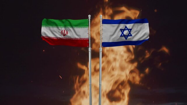 Iranian and Israeli flags waving dramatically above intense raging fire footage