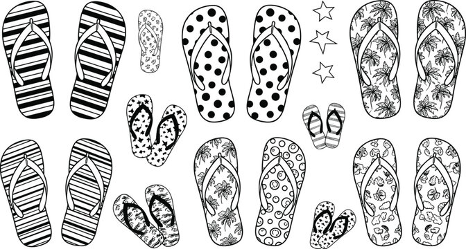 Flip flops patterns collection black and white outline vector illustration summer beach sandals decorative designs set