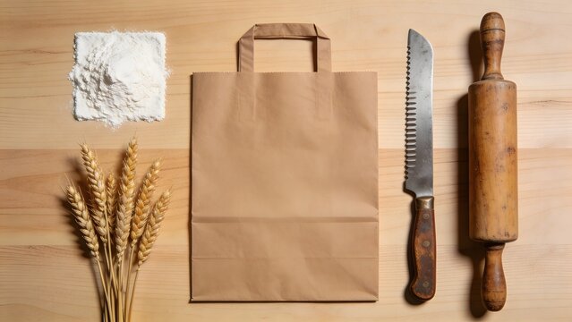 Artisan Baking Tools and Ingredients Flat Lay with Blank Kraft Bag Mockup