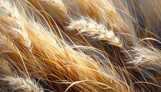 Close up of golden wheat stalks swaying in the wind under soft daylight