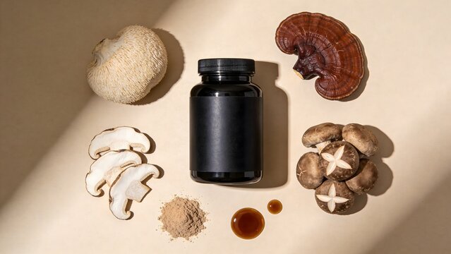 Functional Mushroom Supplements Flat Lay with Blank Black Jar Mockup