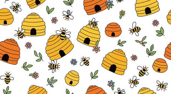 Seamless beehive pattern with bees flowers and leaves cute vector illustration nature background for fabric wallpaper and packaging design