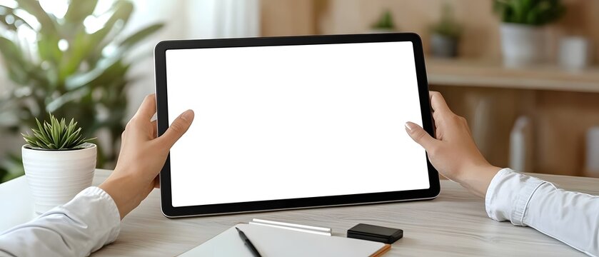 Hand showing a digital tablet blank screen on a work desk.