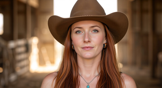 Close up portrait of young woman with red hair wearing brown cowboy hat. Female rancher with turquoise necklace in blurred wooden barn. Western country lifestyle