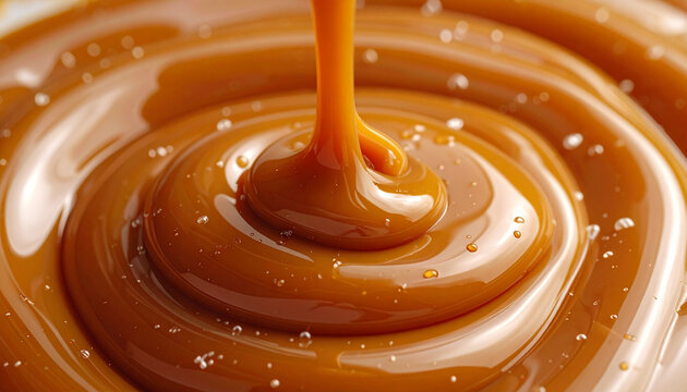 Close up of golden caramel sauce pouring and swirling on a surface