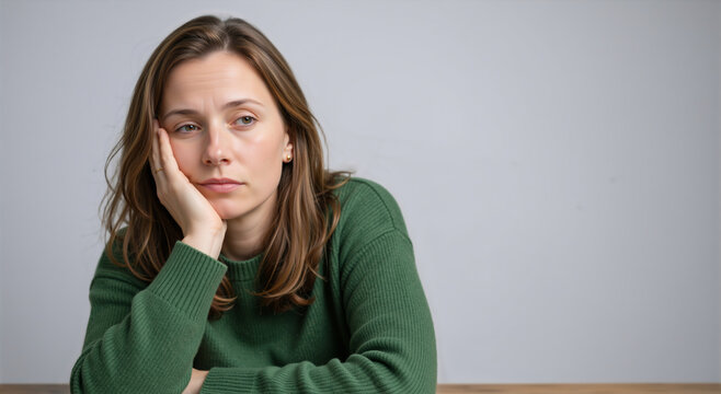 Bored young woman resting head on hand at a table. Tired female in green sweater looking away. Fatigue and burnout concept