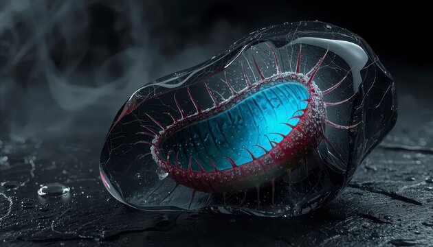 Dramatic conceptual fine art of a Venus Flytrap carnivorous plant frozen inside a dark, frosty ice block with blue internal glow.